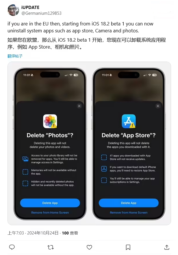 育才镇苹果手机维修分享iOS 18.2 支持删除 App Store 应用商店 